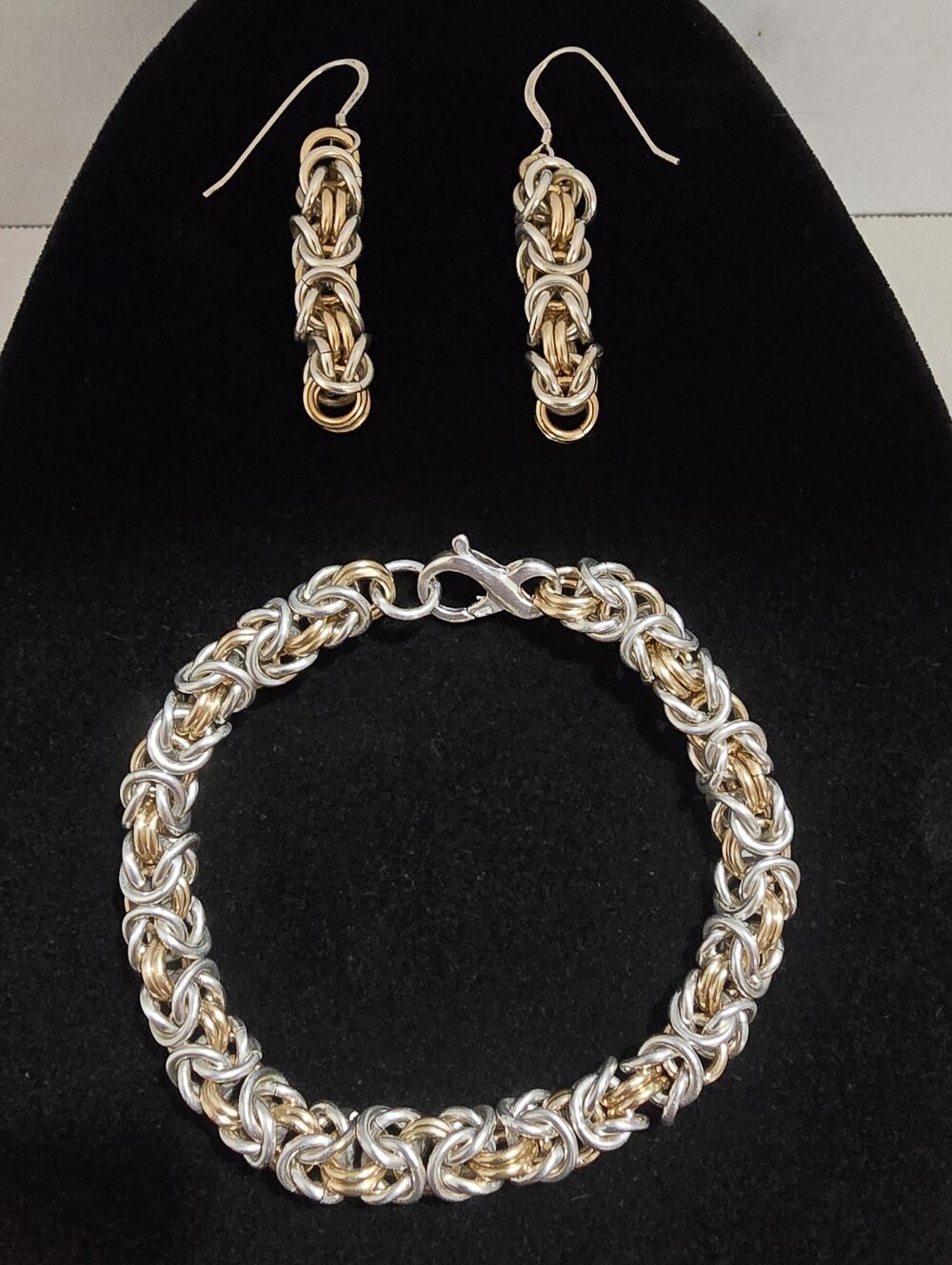 7.75 Inch Sterling Silver/10k G.F Accents  7mm Byzantine Link Bracelet/Earrings